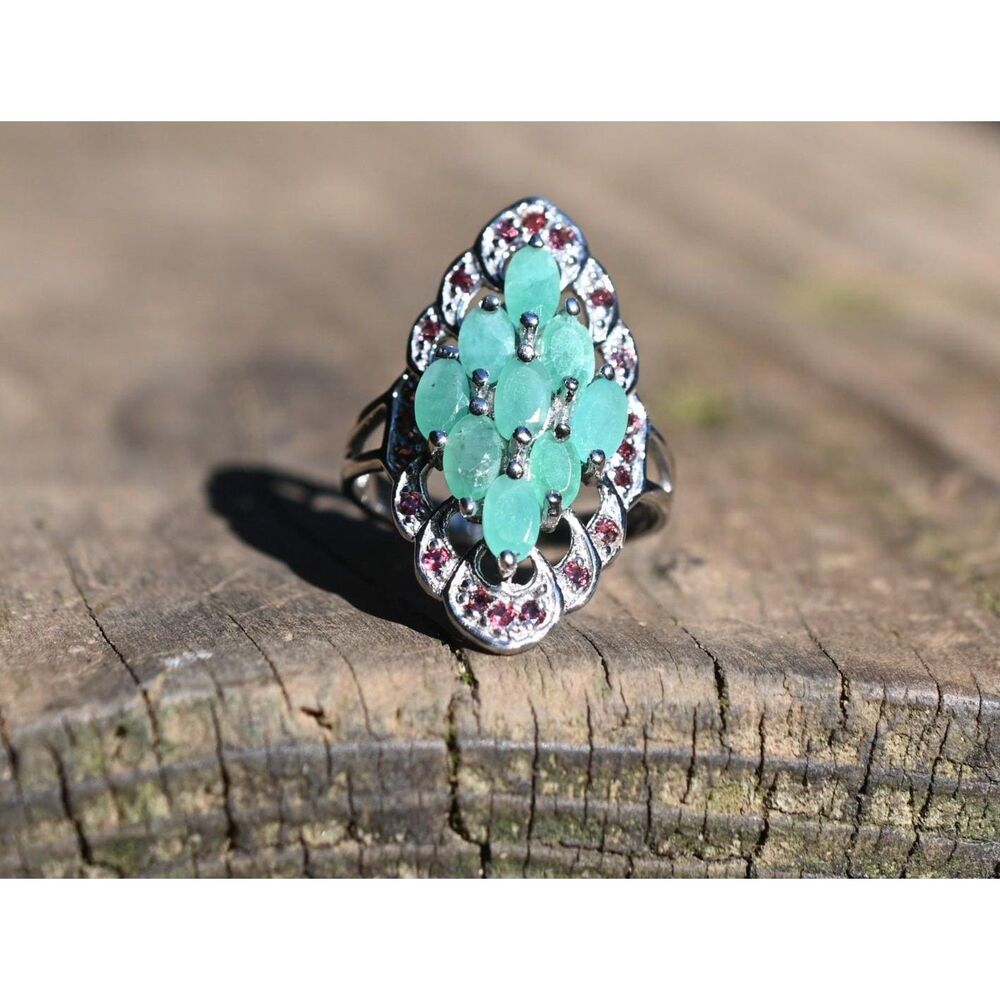 Emerald and garnet engagement ring size 8 in 925 sterling silver